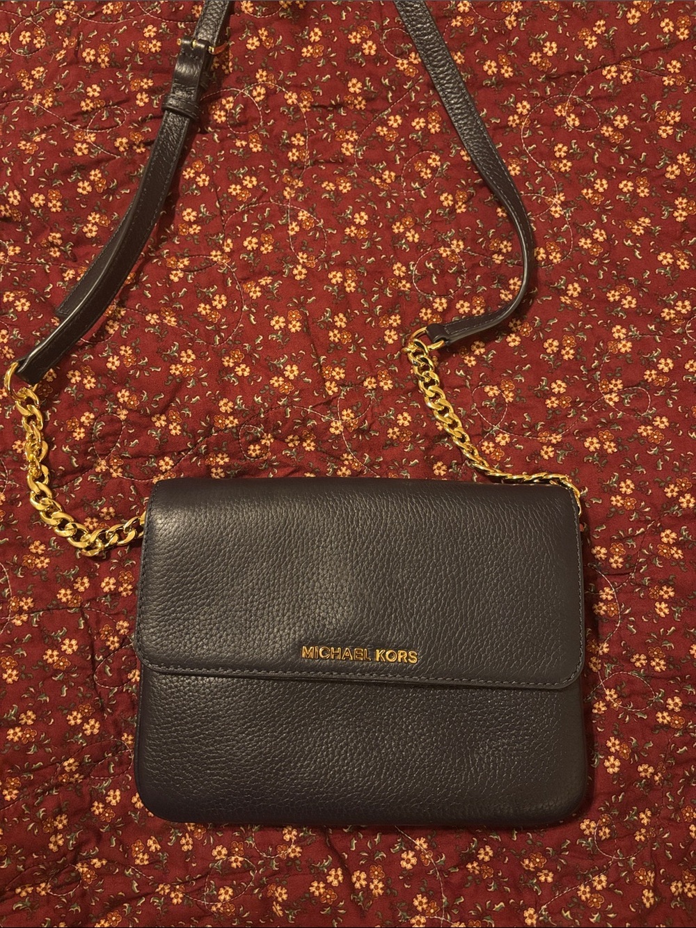 Michael Kors Black Leather Crossbody with Gold Chain Accent